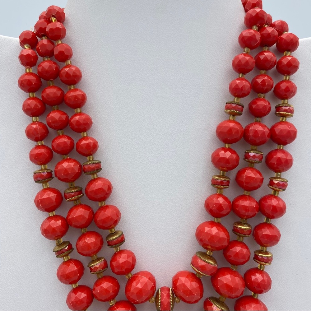 Vintage Germany Stamped Red Bead Multi Strand Nckl - Picture 3 of 14